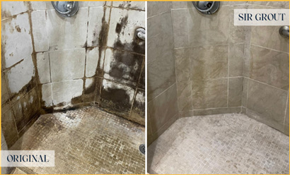 Tiled Shower Embedded With Grime Before and Then Cleaned After Sir Grout's Hard Surface Cleaning Services