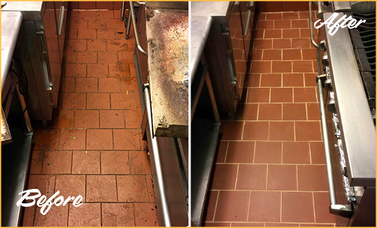 Before and After Picture of a Napa Restaurant Kitchen Tile and Grout Cleaned to Eliminate Dirt and Grease Build-Up