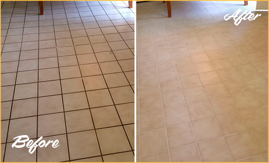 Before and After Picture of a Fulton Kitchen Tile and Grout Cleaned to Remove Embedded Dirt