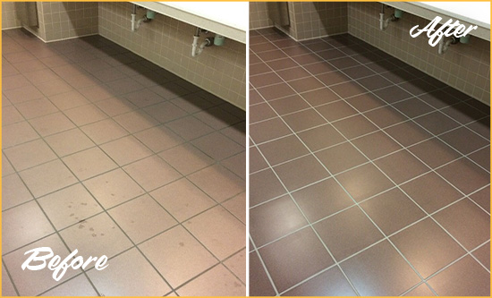 Before and After Picture of a Calistoga Restrooms Tile and Grout Cleaned to Remove Embedded Dirt