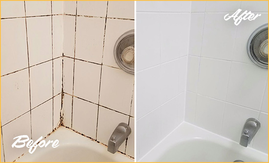 Before and After Picture of a Manchester Rancheria Shower Tile and Grout Cleaned to Eliminate Mold