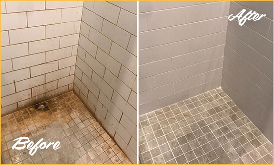 Before and After Picture of a Spanish Flat Shower Tile and Grout Cleaned to Eliminate Mold and Stains