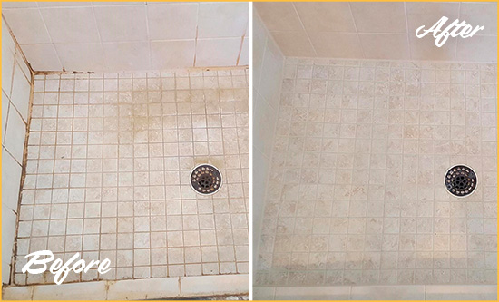 Before and After Picture of a Marinwood Shower Caulked to Fix Cracks