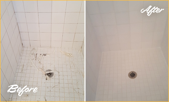 Before and After Picture of a Point Arena Bathroom Re-Caulked To Repair Damaged Caulking