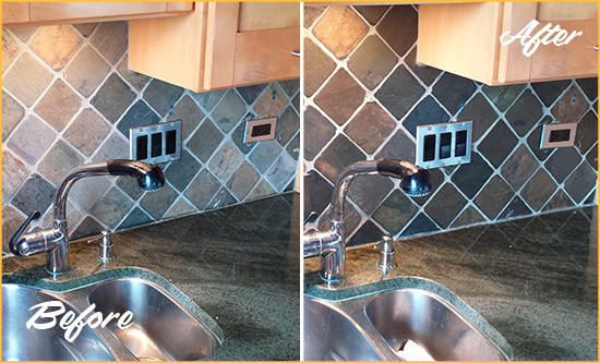 Before and After Picture of a Tamalpais Valley Backsplash Caulked to Fix and Prevent Water Leaks