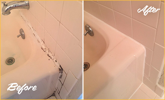 Before and After Picture of a Anchor Bay Bathroom Sink Caulked to Fix a DIY Proyect Gone Wrong