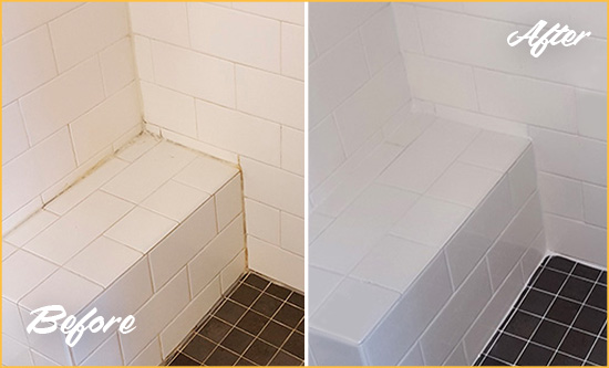 Before and After Picture of a Santa Rosa Shower Seat Caulked to Protect Against Mold and Mildew Growth