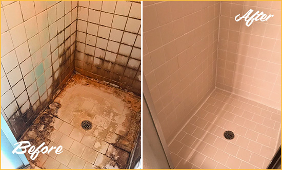 Before and After Picture of a Calistoga Shower Caulked to Fix and Prevent Water Damage