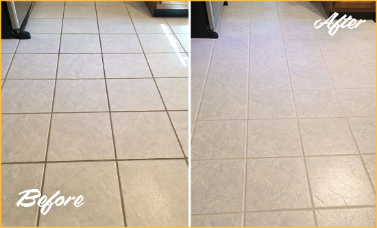 Before and After Picture of a Cazadero Kitchen Ceramic Floor Sealed to Protect From Dirt and Spills