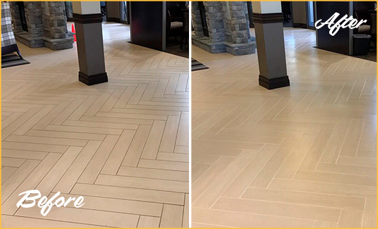 Before and After Picture of a Dirty Manchester Rancheria Ceramic Office Lobby Sealed For Extra Protection Against Heavy Foot Traffic