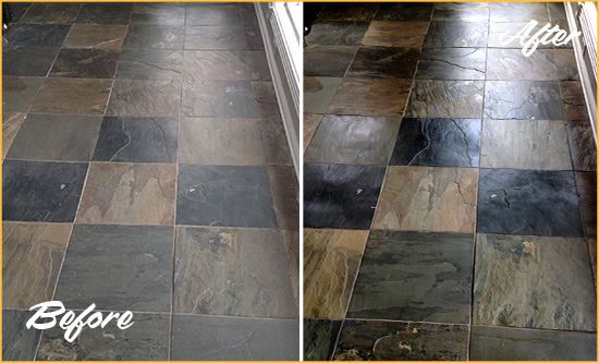 Before and After Picture of a Dull Navarro Slate Floor Sealed to Bring Back Its Colors