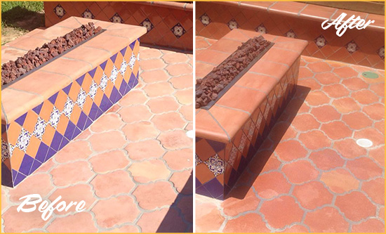 Before and After Picture of a Dull Terra Linda Terracotta Patio Floor Sealed For UV Protection