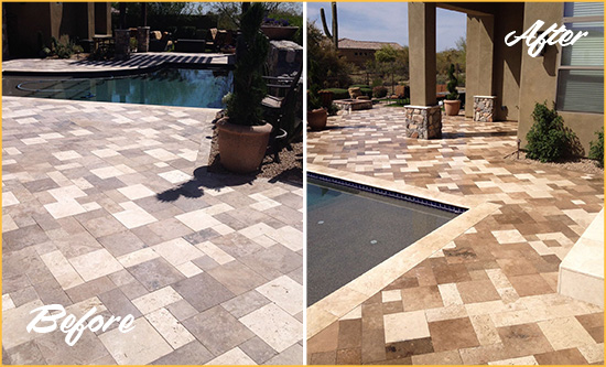 Before and After Picture of a Faded Spanish Flat Travertine Pool Deck Sealed For Extra Protection