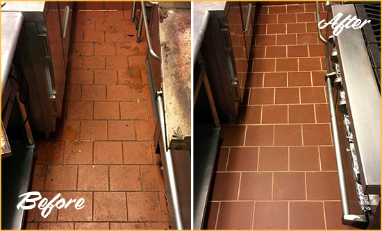 Before and After Picture of a Occidental Restaurant Kitchen Floor Sealed to Remove Soil