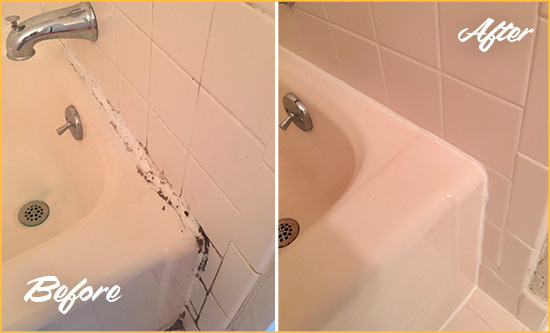 Before and After Picture of a Sausalito Hard Surface Restoration Service on a Tile Shower to Repair Damaged Caulking