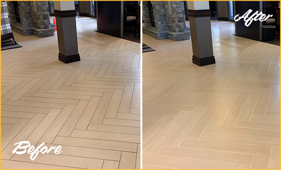 Before and After Picture of a Cazadero Hard Surface Restoration Service on an Office Lobby Tile Floor to Remove Embedded Dirt