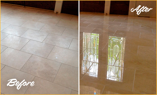 Before and After Picture of a Potter Valley Hard Surface Restoration Service on a Dull Travertine Floor Polished to Recover Its Splendor