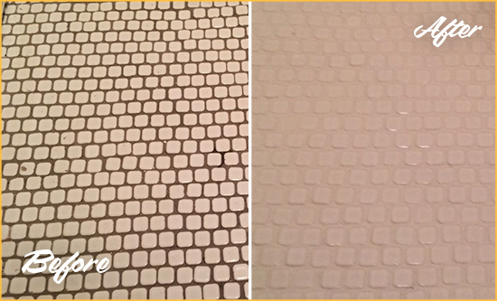 Before and After Picture of a Tamalpais Valley Hard Surface Restoration Service on a Bathroom Tile Floor Recolored to Fix Grout Color