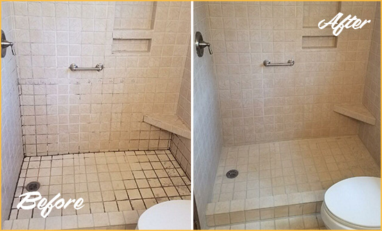 Before and After Picture of a Anchor Bay Shower Grout Cleaned to Remove Mold