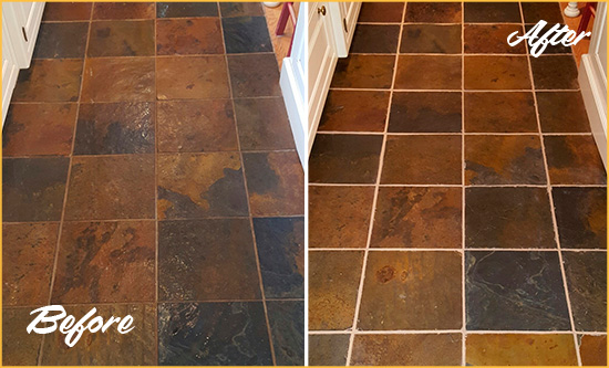 Before and After Picture of San Anselmo Slate Floor Grout Cleaned to Remove Dirt