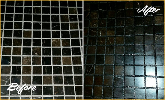 Before and After Picture of a Jenner Black Floor with Recolored Grout