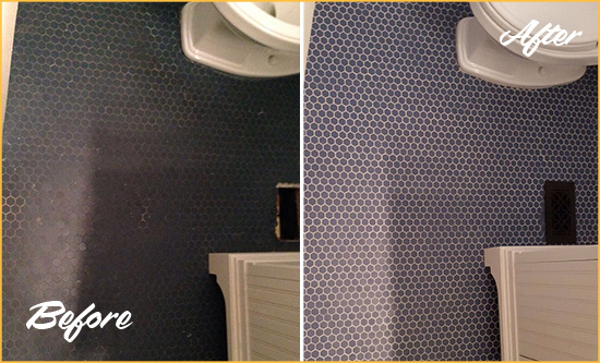 Before and After Picture of a El Verano Blue Tile Floor Recolored Grout