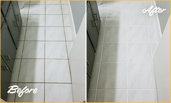 Before and After Picture of a Ignacio White Ceramic Tile with Recolored Grout