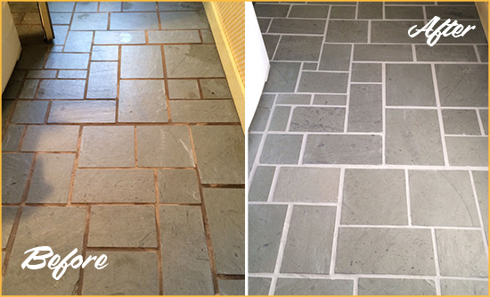 Before and After Picture of Damaged Point Arena Slate Floor with Sealed Grout