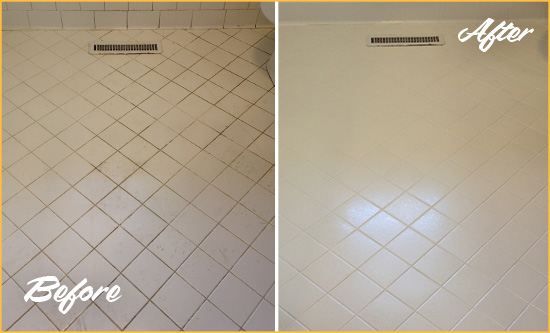 Before and After Picture of a Rutherford White Bathroom Floor Grout Sealed for Extra Protection