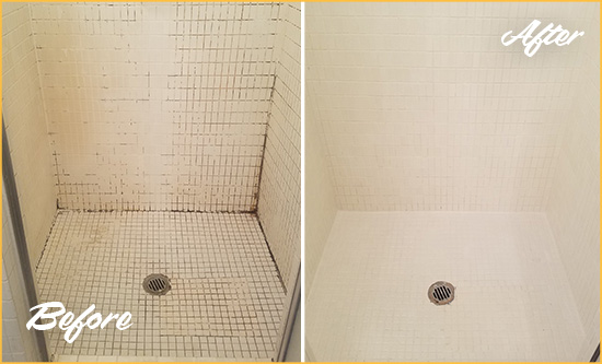 Before and After Picture of a Strawberry Bathroom Grout Sealed to Remove Mold