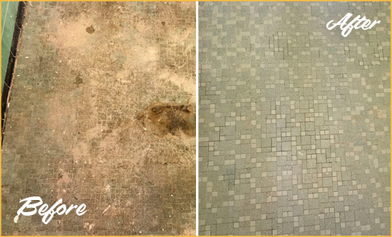 Before and After Picture of a Redwood Valley Mosaic Shower Cleaned to Eliminate Embedded Dirt